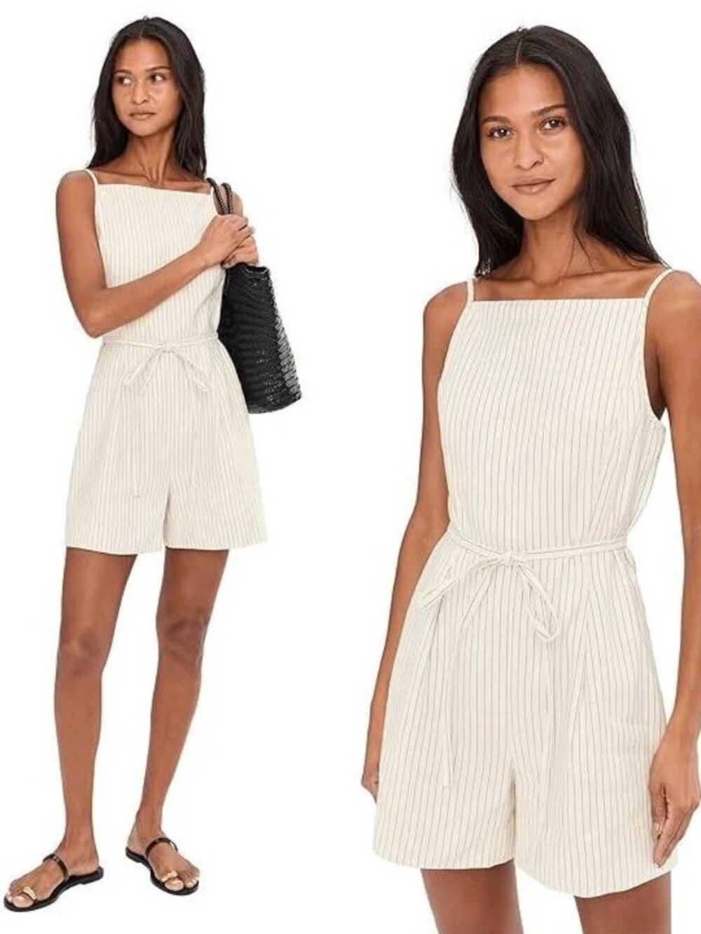 Madewell Smock Back ROMPER Size 6 Linen Cotton Ivory Pinstripe Pleated NEW $158